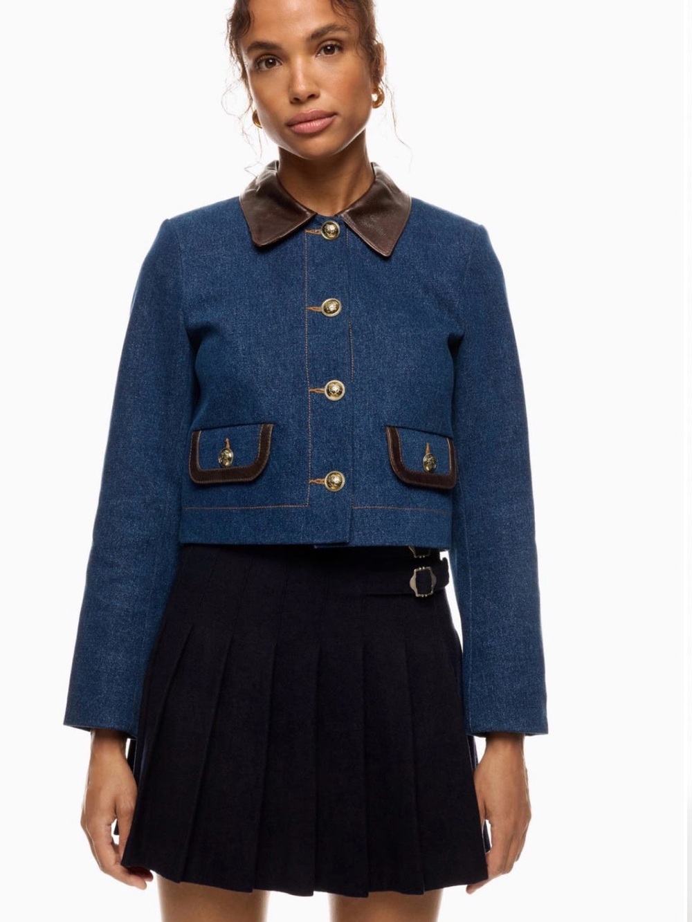 Sandro Blue Denim-Look Jacket with Brown Leather Trim Size XL/2